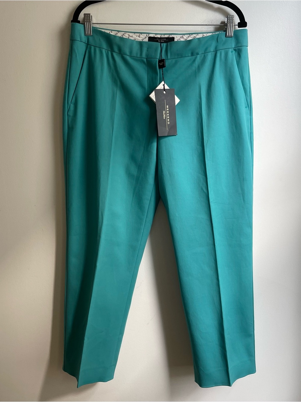 NWT Weekend Max Mara Cotton Pants Turquoise Stretch Trousers Size 14 34"